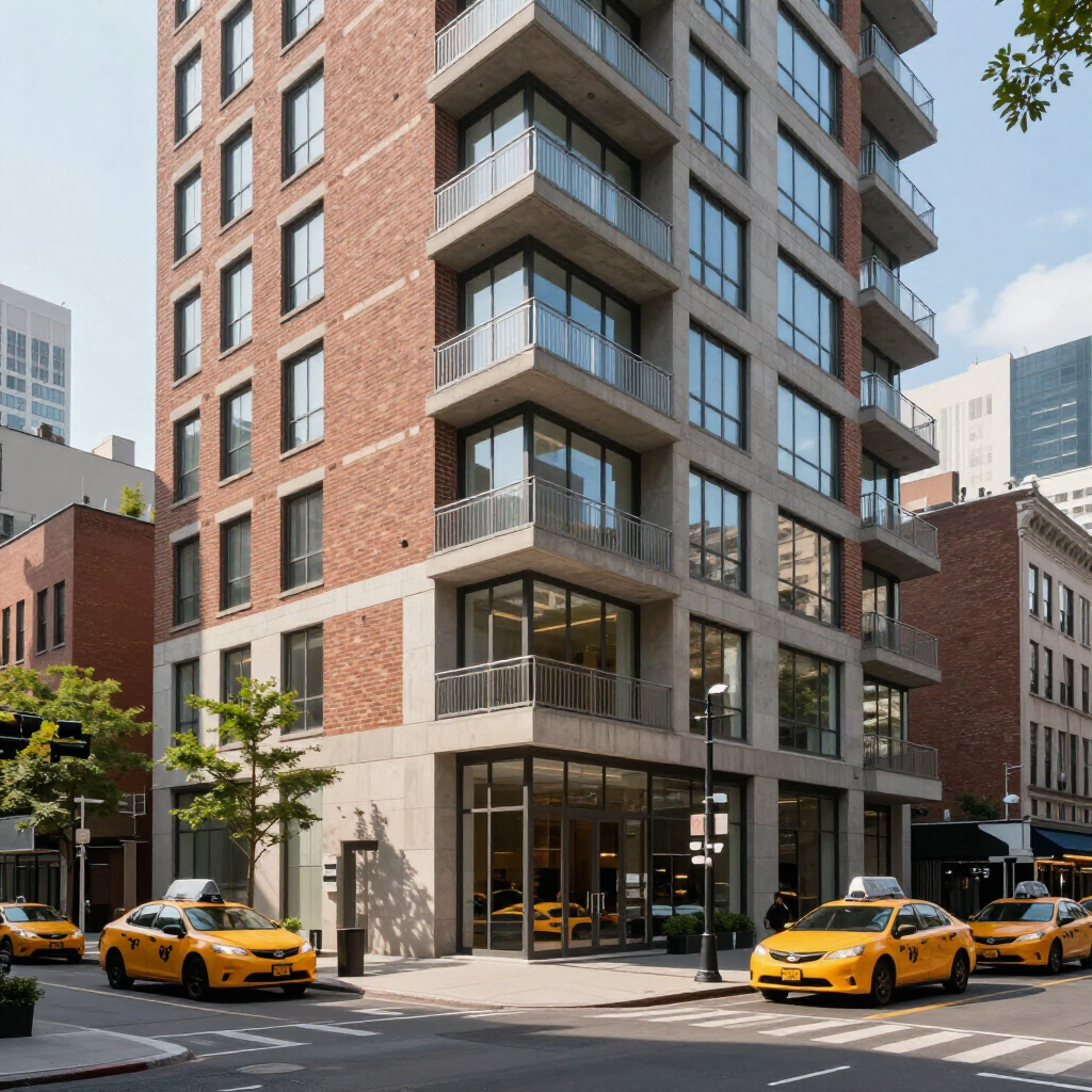 Modern brick apartment building on a city street with several yellow taxis parked out front