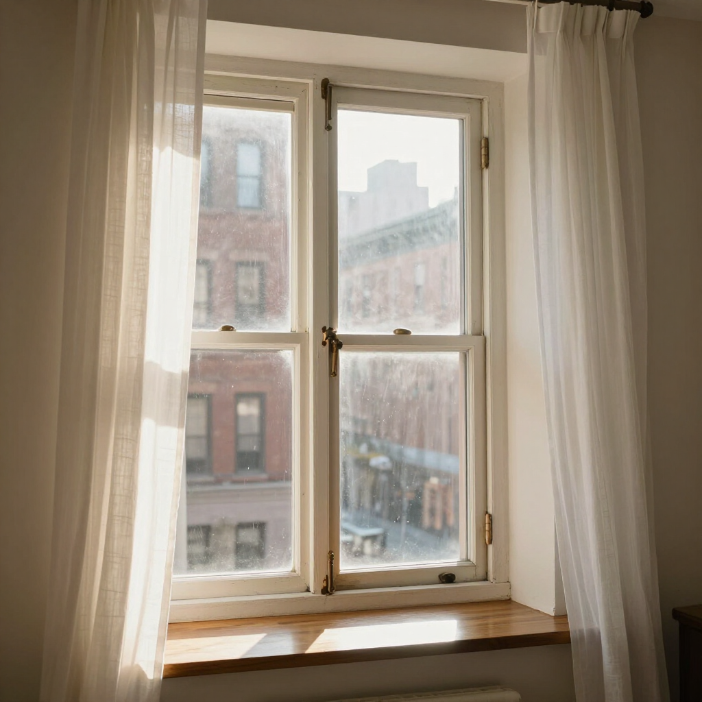 Sheer curtains framing a sunlit window overlooking nearby apartment buildings