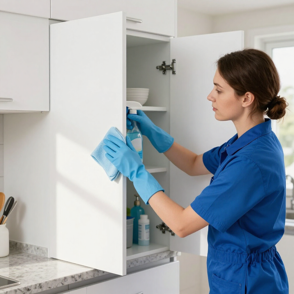Cleaner in blue gloves wiping a white kitchen cabinet open over a countertop￼