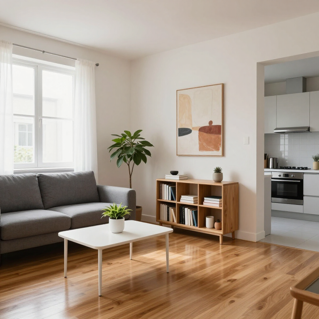 Bright living room with gray sofa, white coffee table, wooden shelf, and kitchen doorway