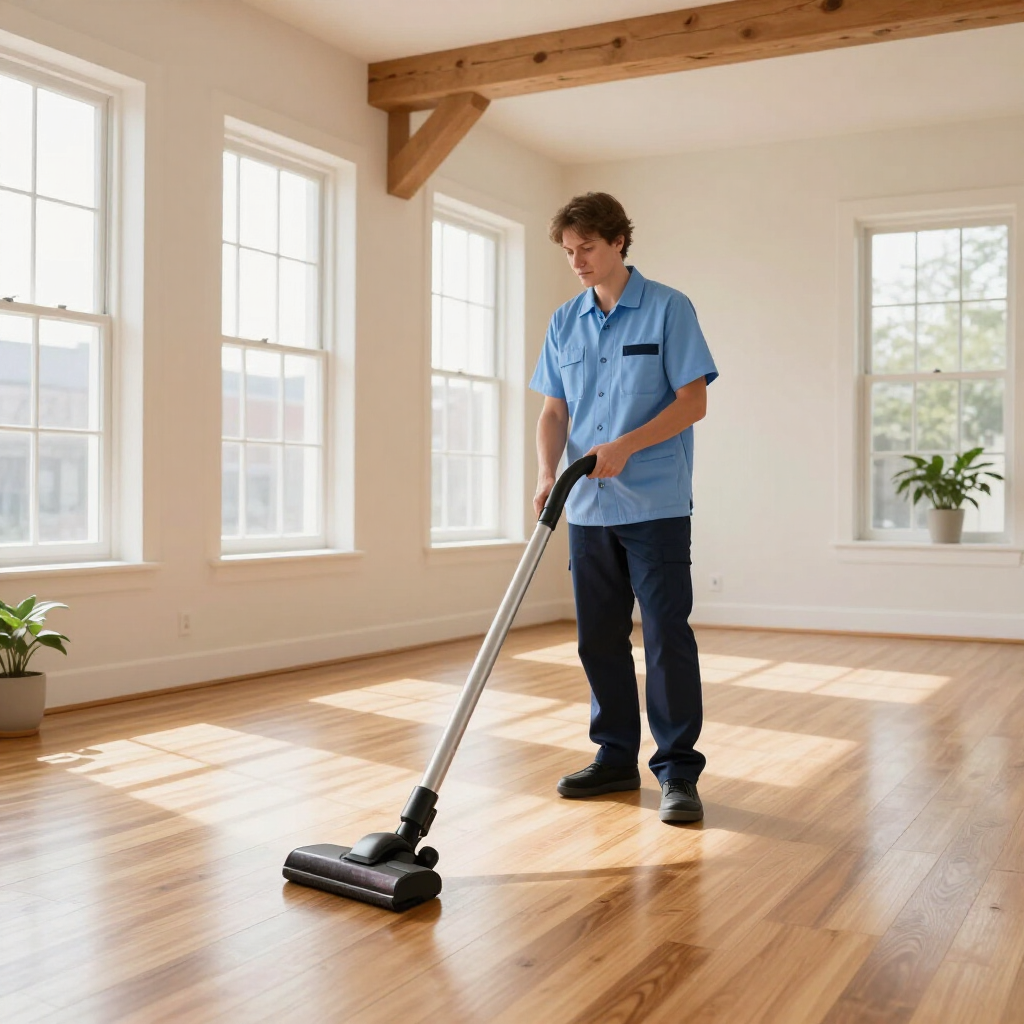 Person vacuuming a sunlit hardwood floor in a bright empty room