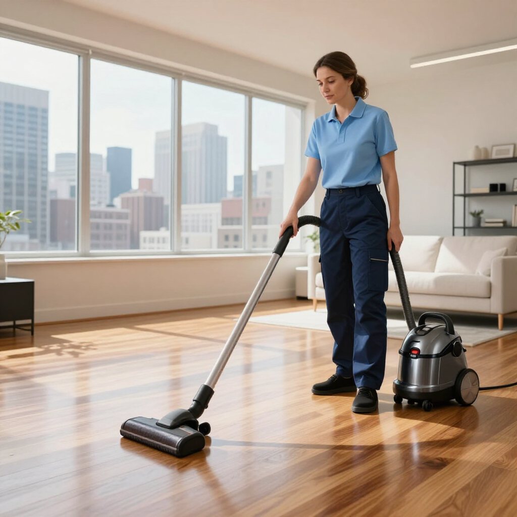 Cleaner vacuuming hardwood floor in a bright apartment with city windows and a canister vacuum nearby