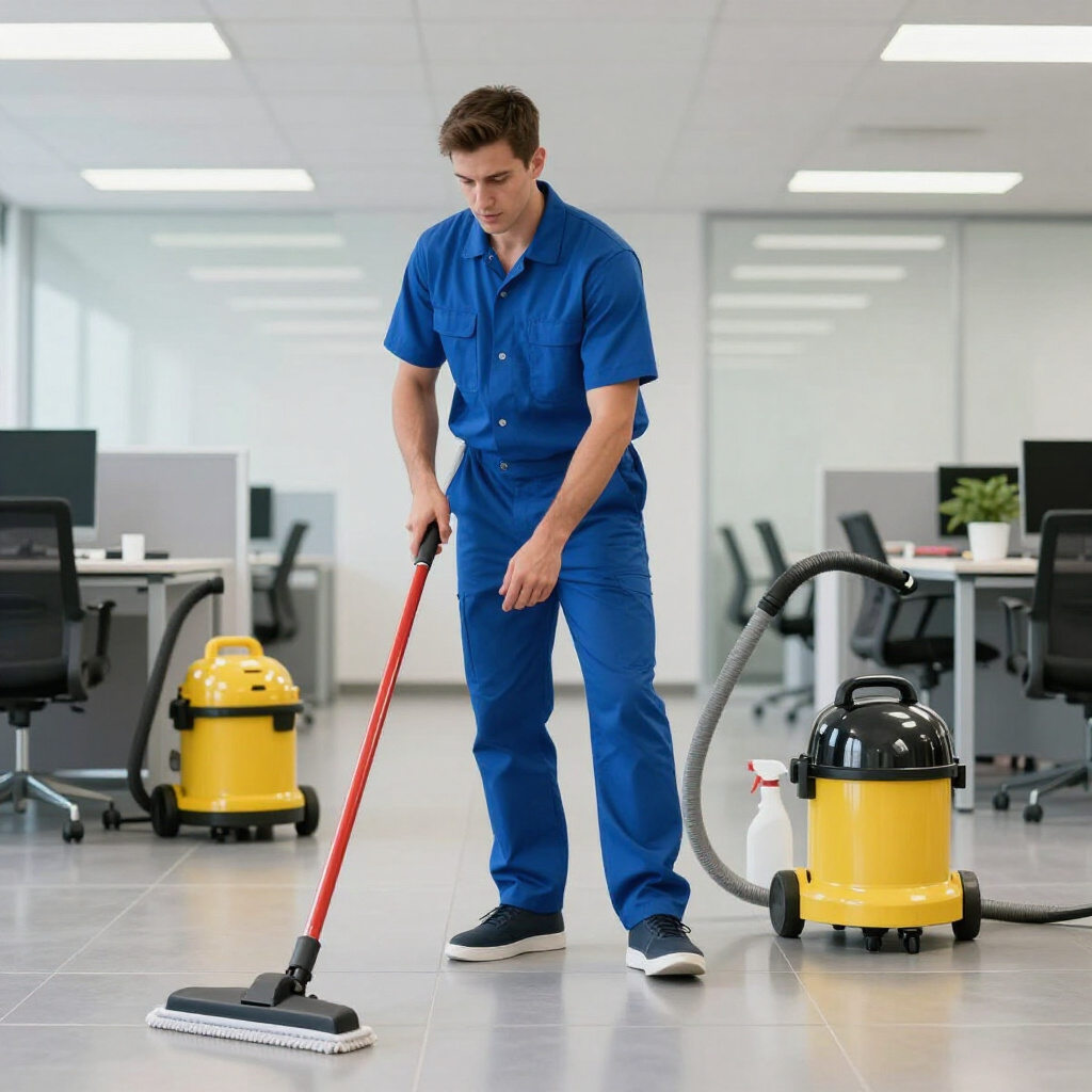 Cleaner mopping an office floor beside yellow vacuum cleaners in a bright workspace