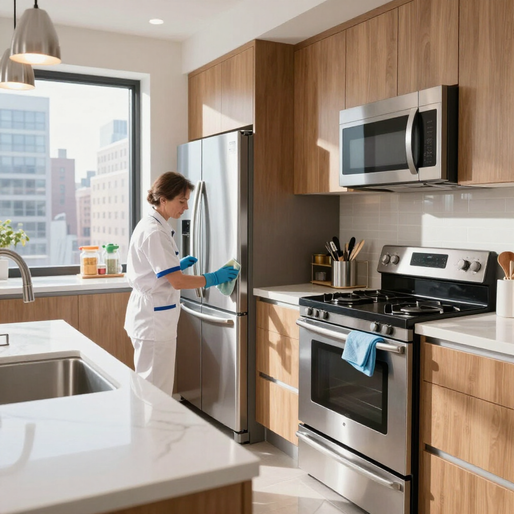 Person in a modern kitchen opening a stainless steel refrigerator near a stove and microwave, with city windows in the background