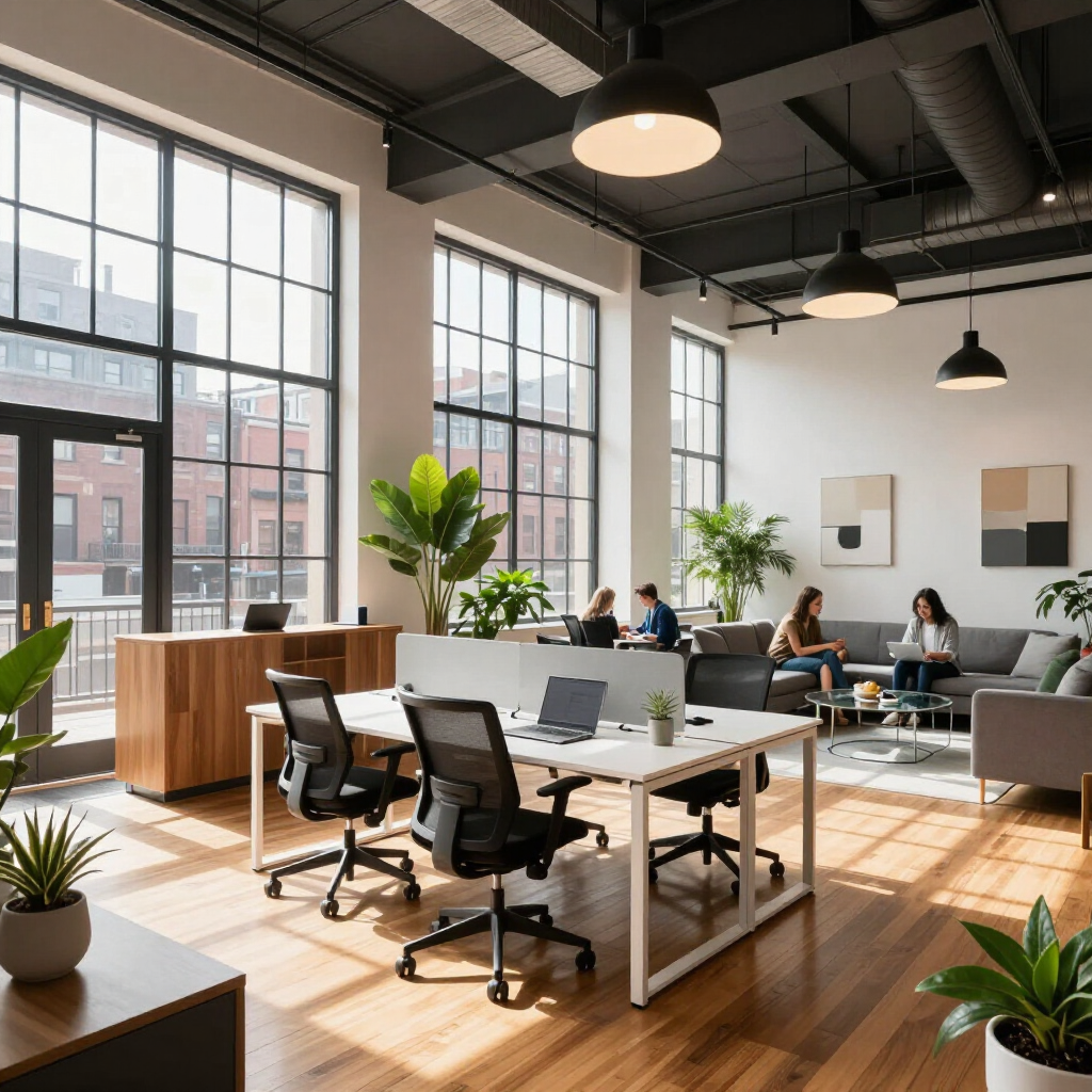 Modern office lounge with large windows, desks, chairs, and people working in bright natural light
