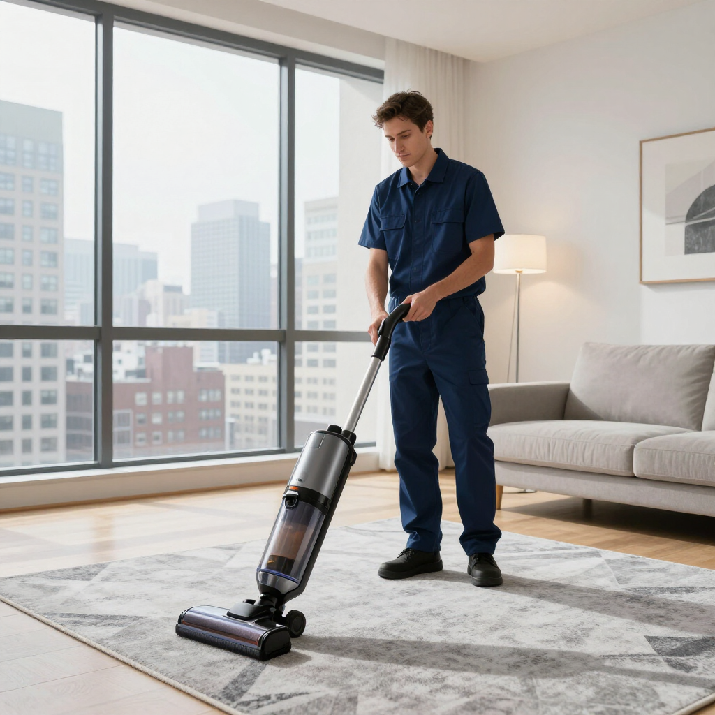 Person vacuuming a rug in a bright living room with large windows and a city view.