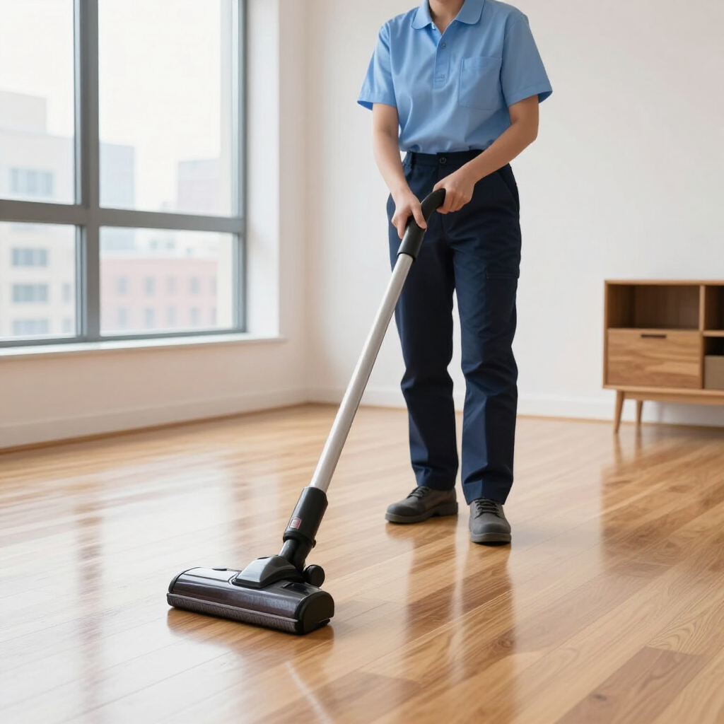 Person using a vacuum cleaner on a hardwood floor in a bright room