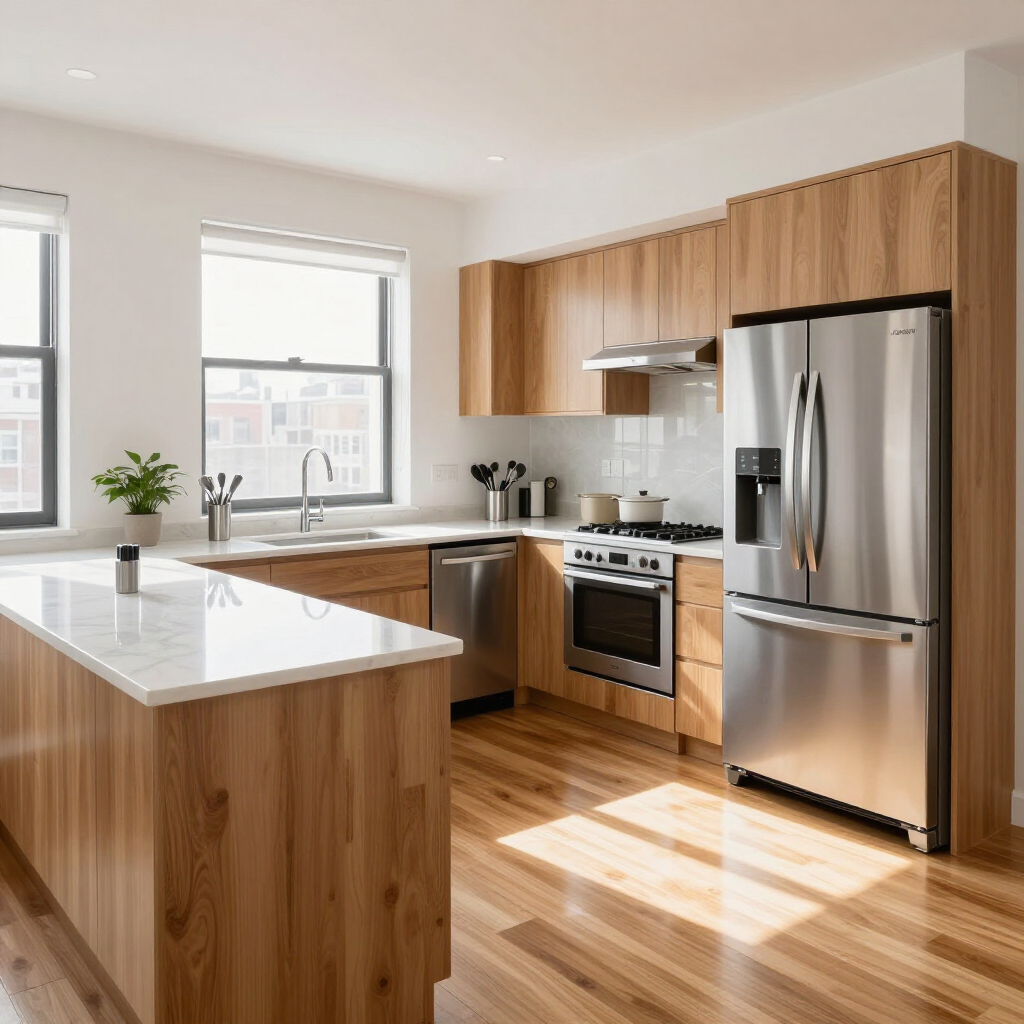Bright modern kitchen with wood cabinets, stainless steel appliances, and a sunlit island countertop