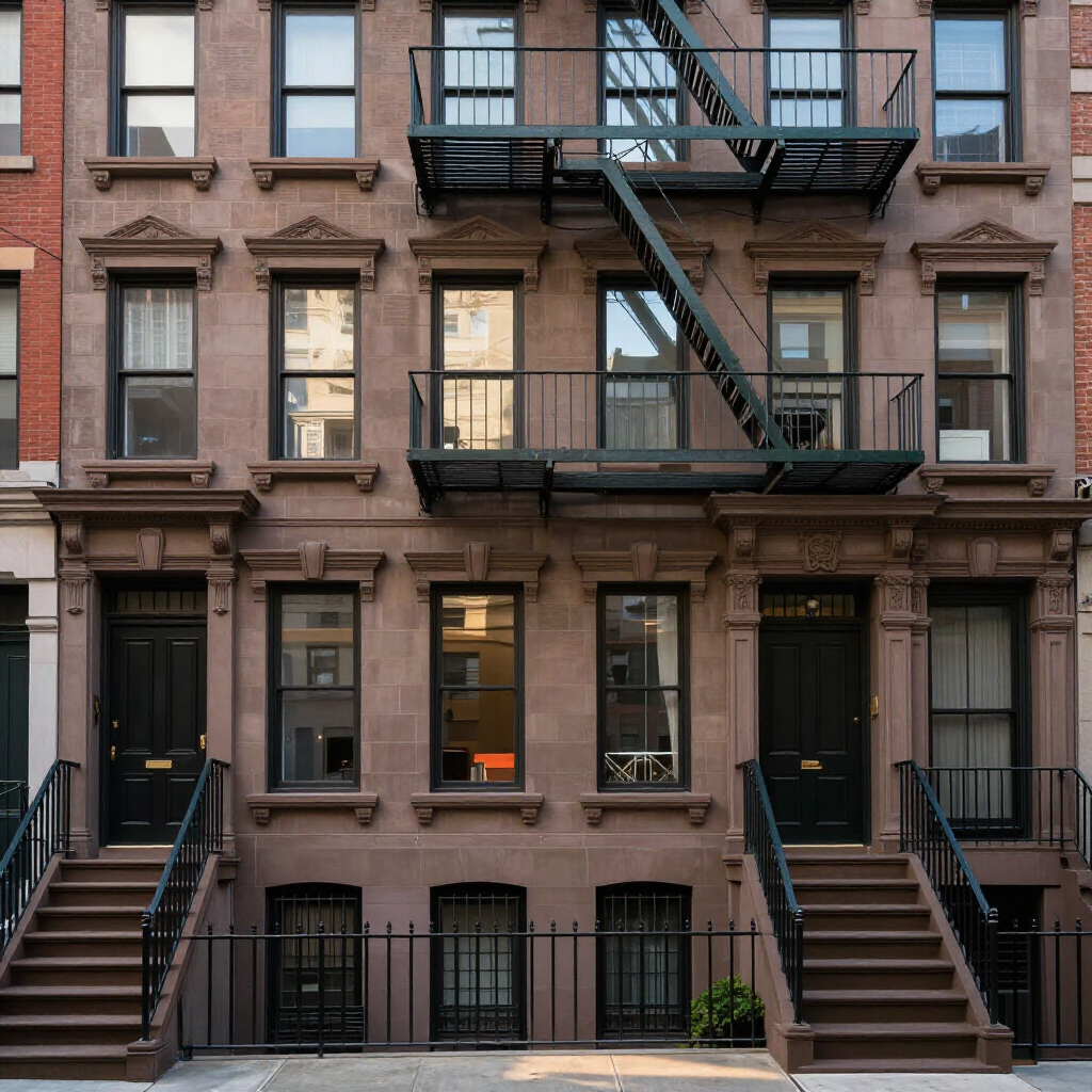 Brick apartment building facade with black fire escapes and stoops on both sides