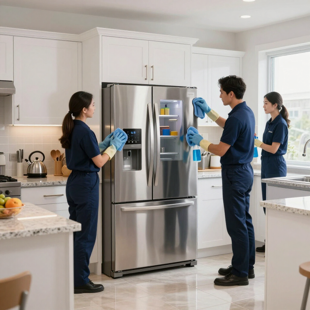 Three people in a bright kitchen inspect a stainless steel refrigerator with blue cleaning cloths.