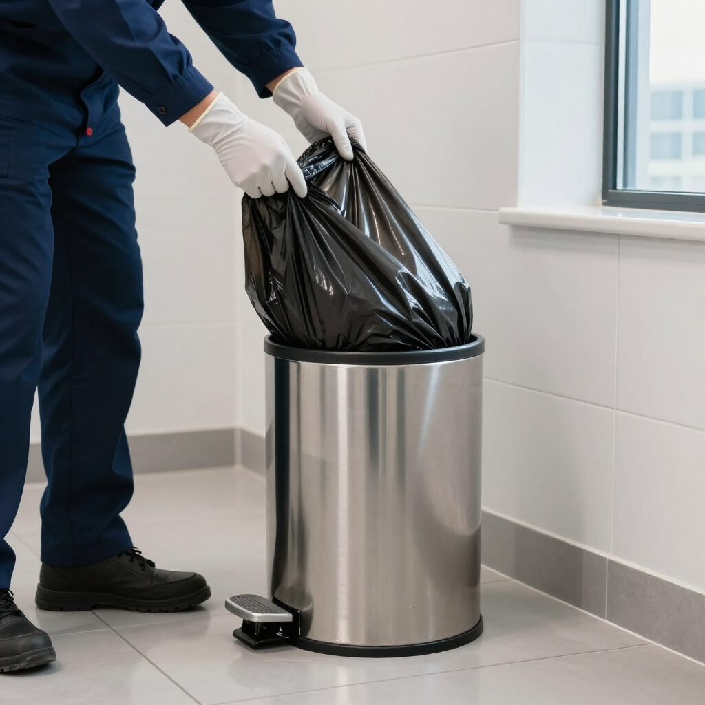 Gloved person placing a black trash bag into a stainless steel waste bin in a tiled room
