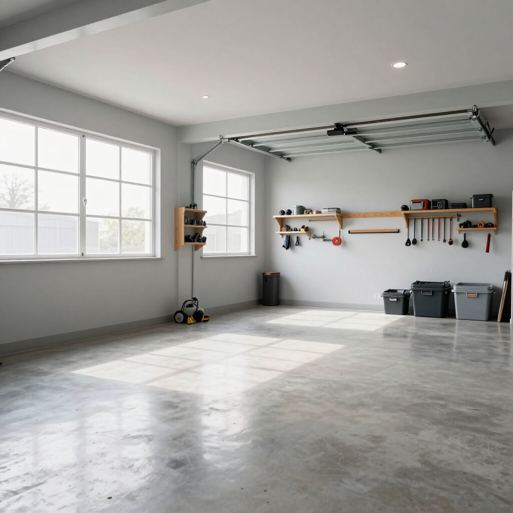 Bright empty garage with polished concrete floor, large windows, wall shelves, tools, and storage bins