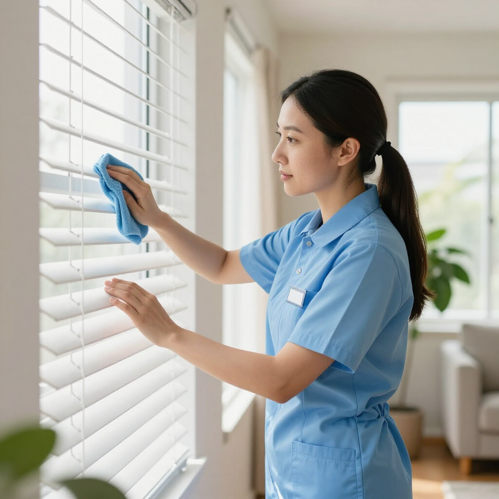 Cleaner in blue scrubs wiping white window blinds in a bright room