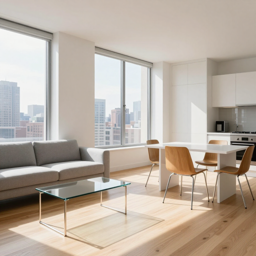 Bright modern living room with gray sofa, glass coffee table, dining area, and city-view windows