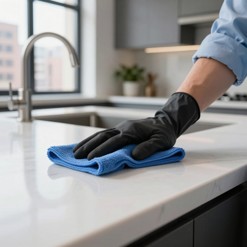 Gloved hand wiping a white kitchen countertop with a blue cloth near a sink
