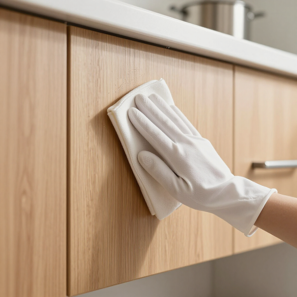 Gloved hand wiping a wooden kitchen cabinet with a cloth