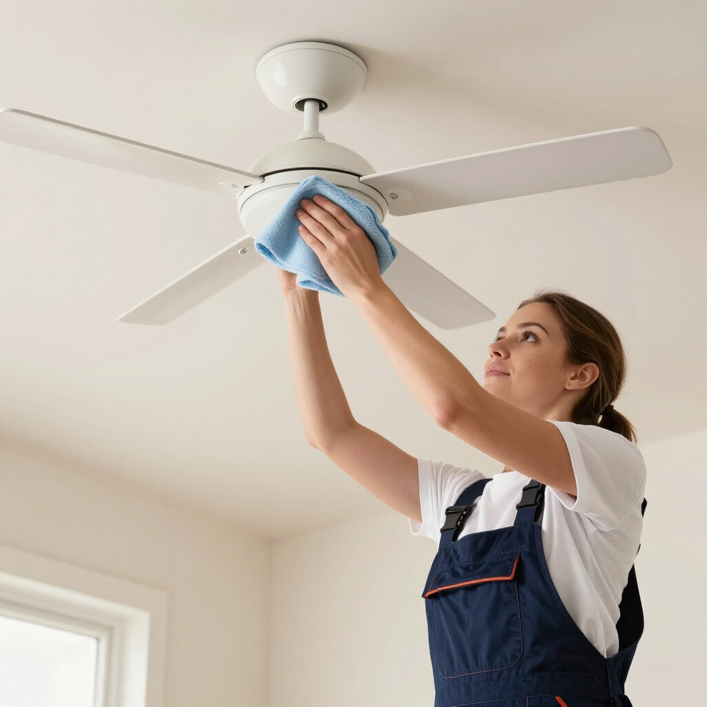 Person cleaning a white ceiling fan with a blue cloth in a bright room