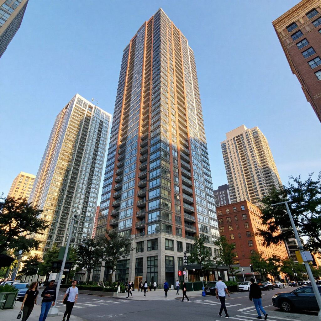 Tall modern apartment towers with pedestrians on a city street at dusk