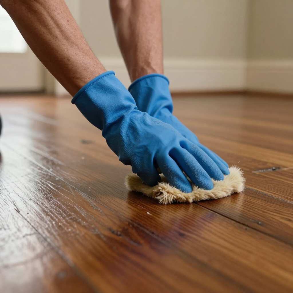 Blue-gloved hands wipe a wooden floor with a cloth.