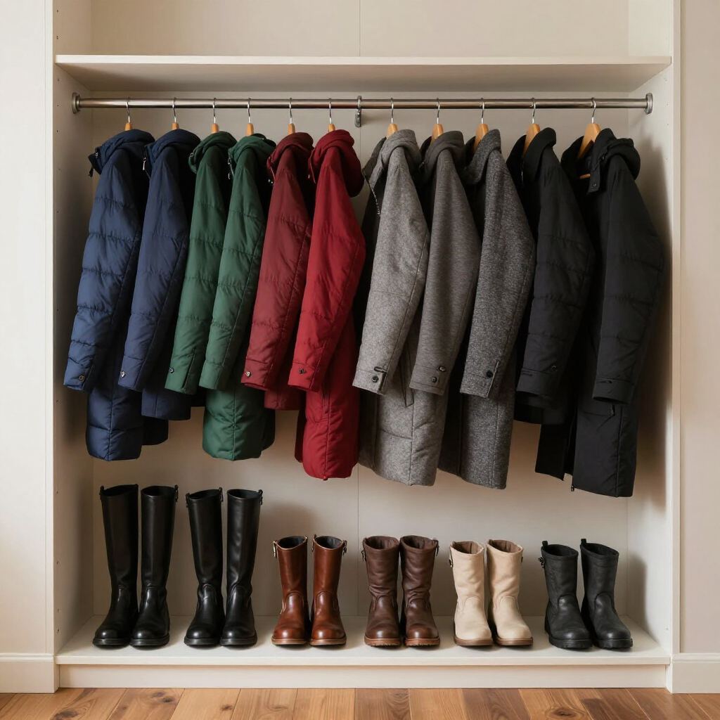 Coats and jackets hanging in a closet above a row of boots and shoes