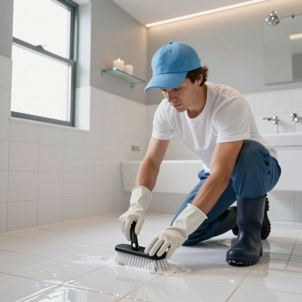 Worker in blue cap scrubbing white bathroom floor tiles with a brush and gloves