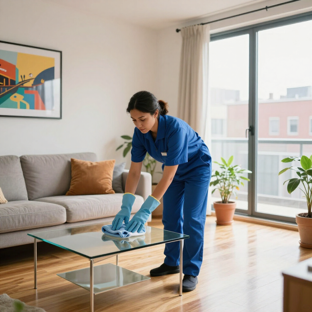 Cleaner wiping a glass coffee table in a bright living room beside a sofa and window.