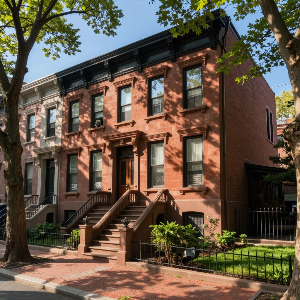 Row of red-brick brownstone townhouses with stoops and trees along a sunny sidewalk