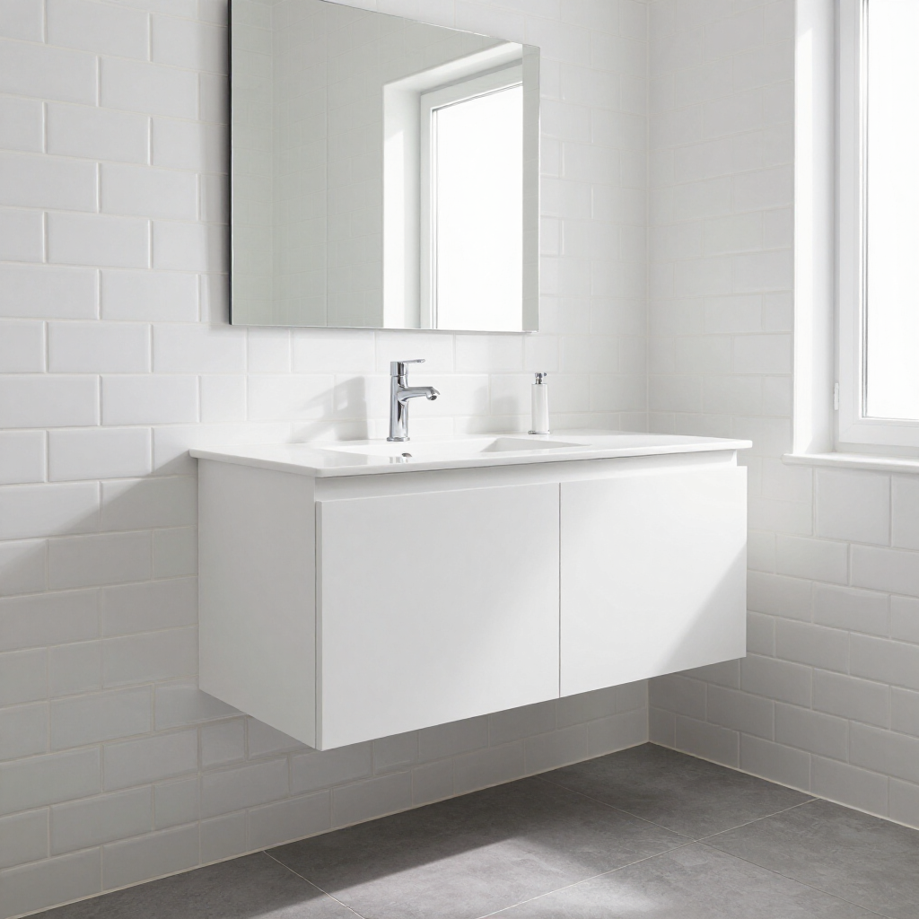 Modern white bathroom vanity with sink, mirror, and bright window in a minimalist tiled room
