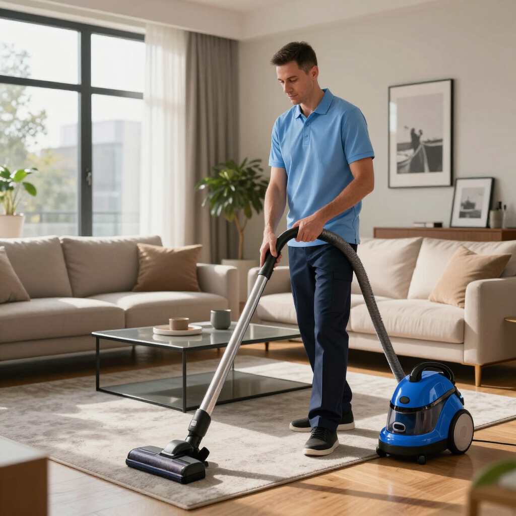 Man vacuuming a beige living room with a blue canister vacuum cleaner