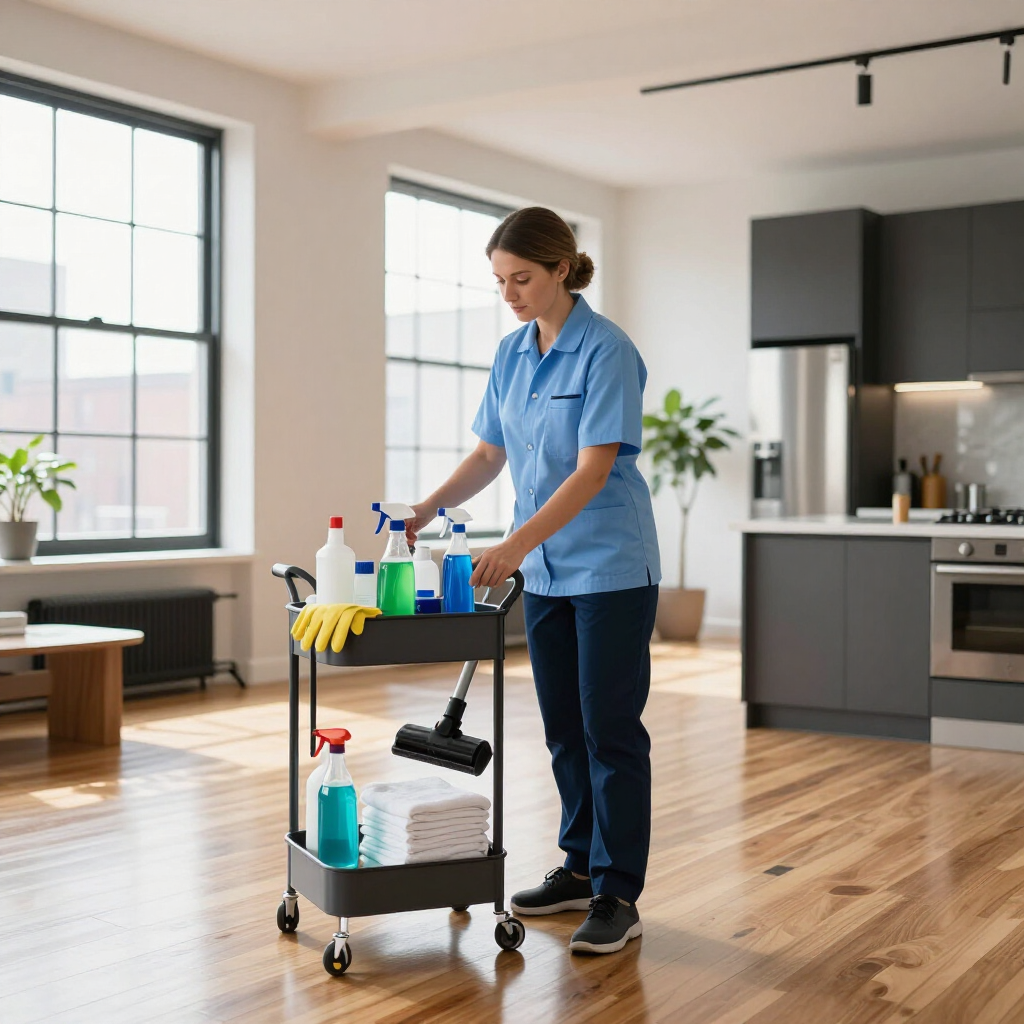 Cleaner stocking a cart with supplies in a bright modern kitchen