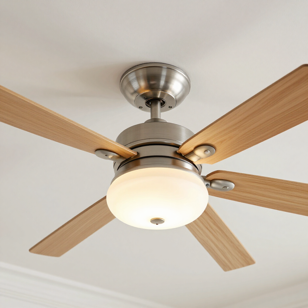 Ceiling fan with four light wood blades and a frosted glass light fixture on a white ceiling