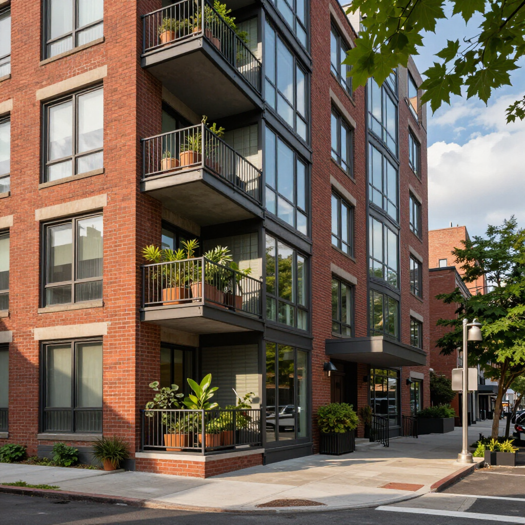 Brick apartment building with balconies and potted plants on a sunny city street corner.