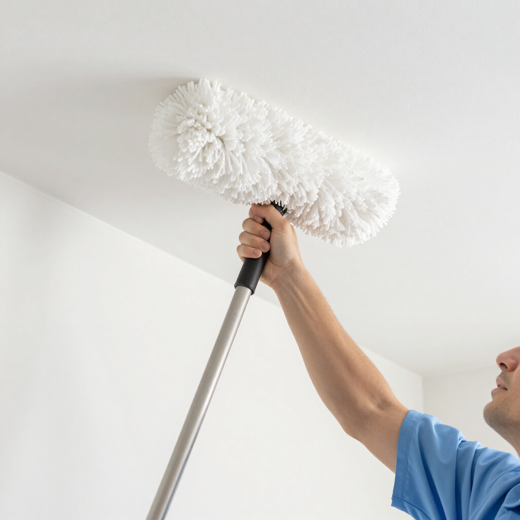 Person dusting a ceiling with a long-handled white duster