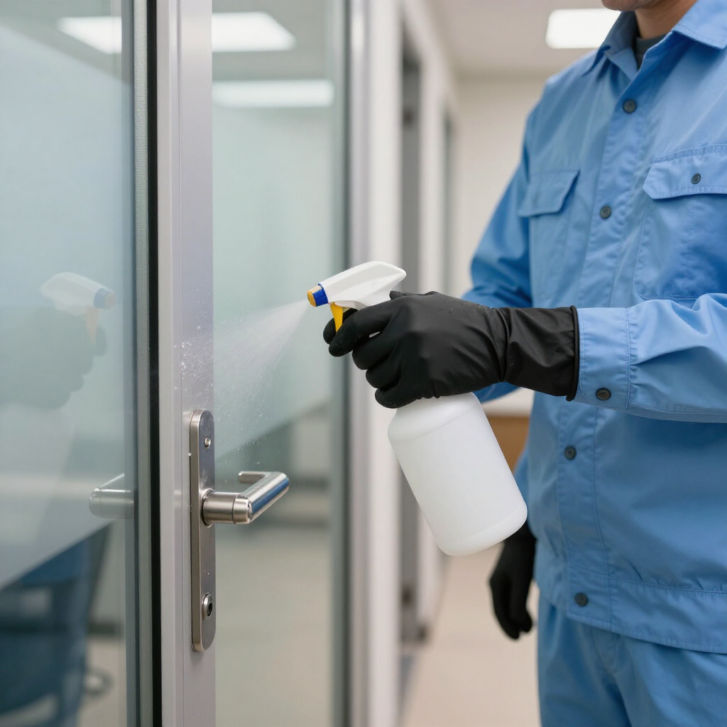 Cleaner in blue uniform and black gloves spraying disinfectant on a glass door handle