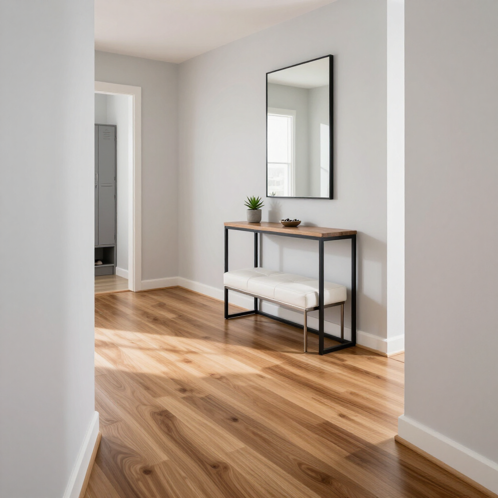 Bright hallway with wood floors, white walls, a wall mirror, and a narrow console table with a plant.