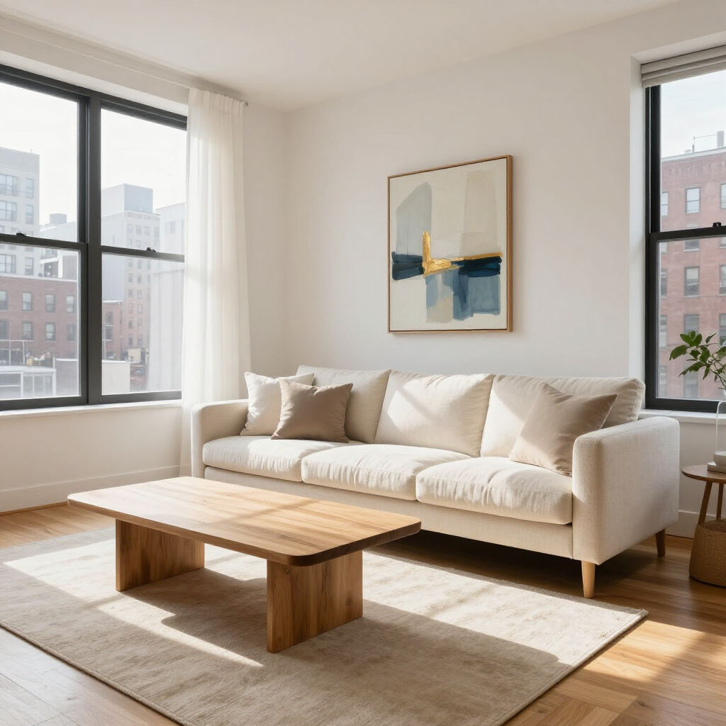 Bright living room with a beige sofa, wooden coffee table, abstract wall art, and large windows.