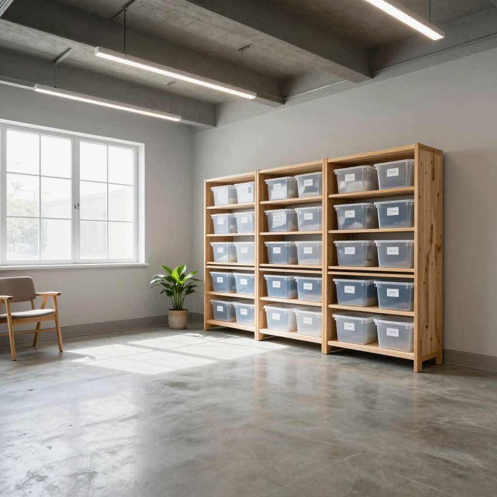 Bright minimalist room with storage shelves of labeled bins, a window, chair, and potted plant