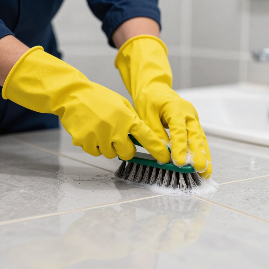 Yellow-gloved hands scrubbing a tiled floor with a brush