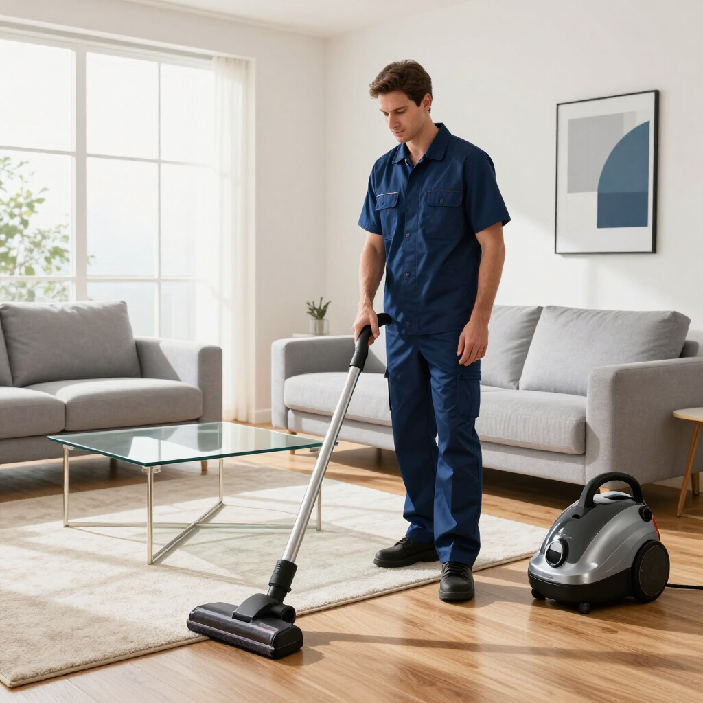 Man vacuuming a bright living room with a canister vacuum and gray sofas.