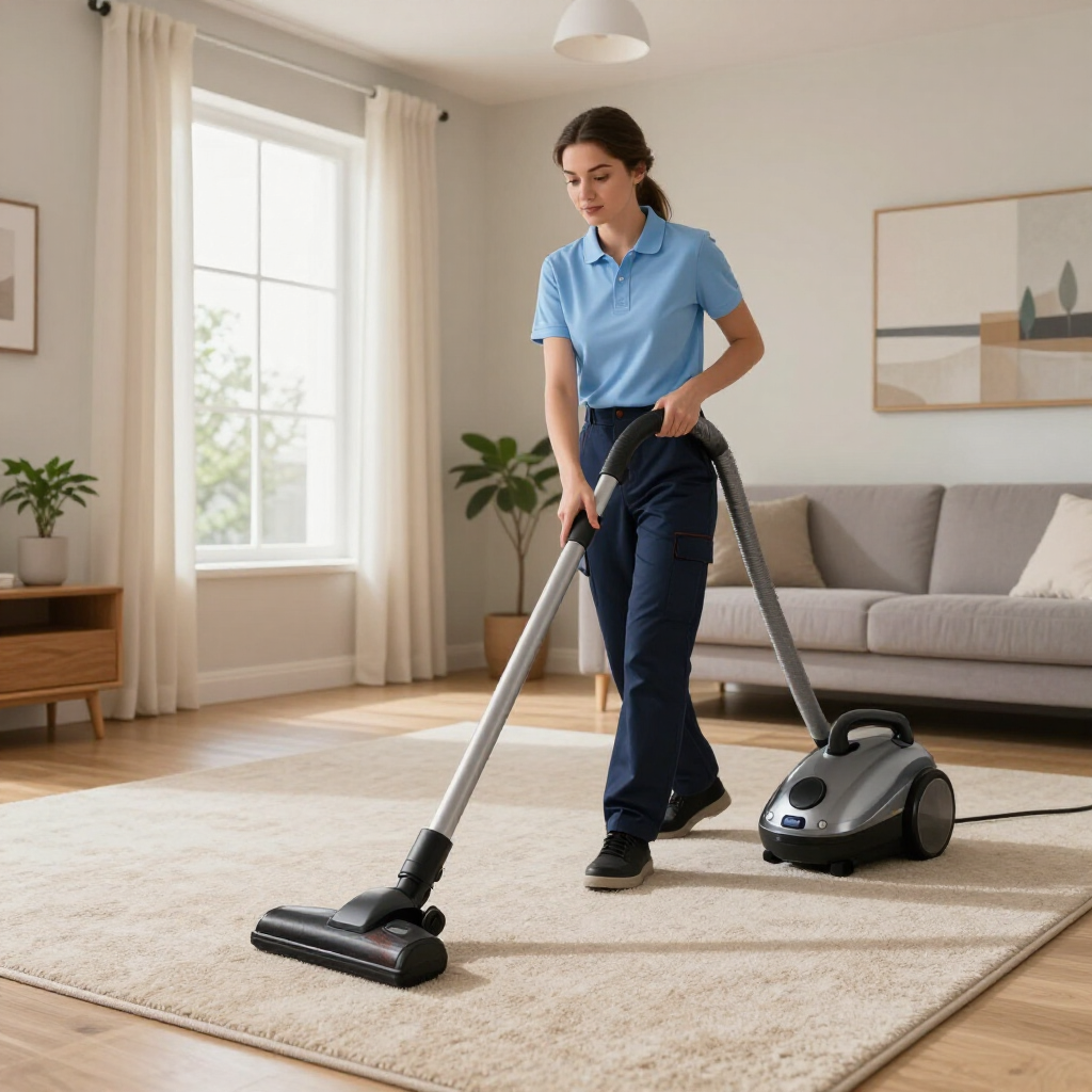 Person vacuuming a beige rug in a bright living room with a gray sofa and large window