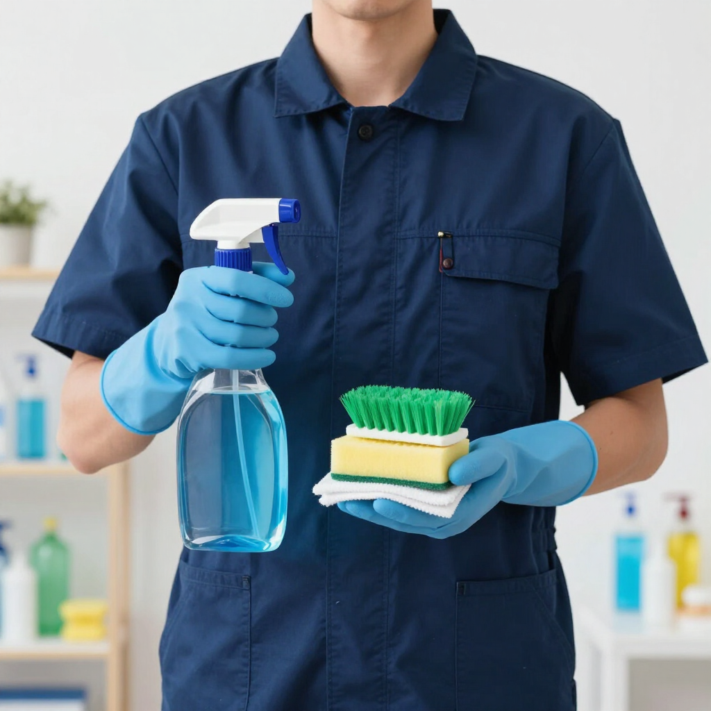 Cleaning worker in navy uniform holding a spray bottle and sponge on a white cleaning cart