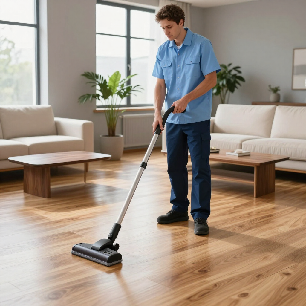 Person vacuuming a bright living room with a hardwood floor and beige sofas