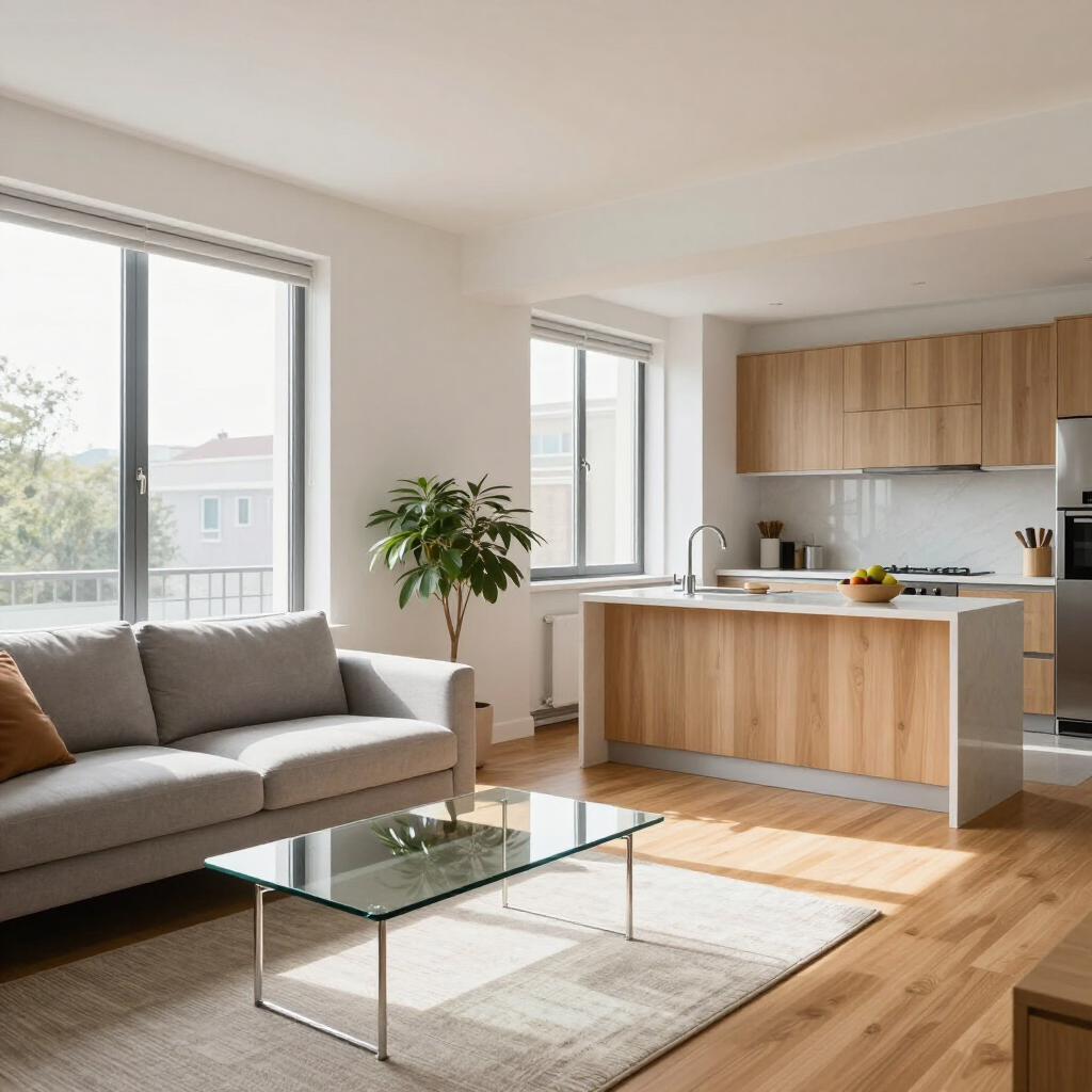 Bright modern living room with gray sofa, glass coffee table, and wood kitchen island by large windows
