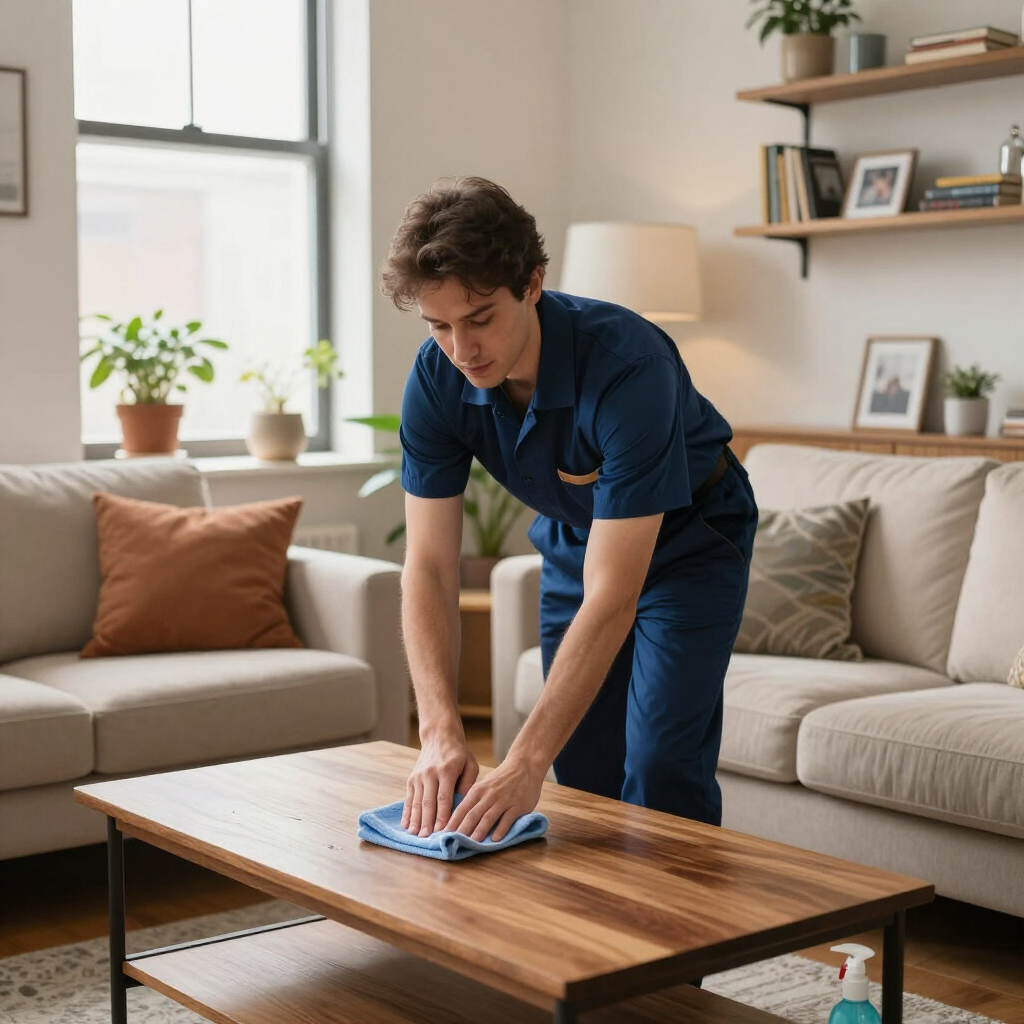 Person wiping a wooden coffee table in a bright living room with a blue cloth.