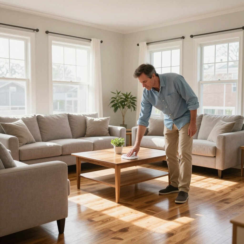 Man cleaning a coffee table in a bright living room with gray sofas and sunlight on the floor
