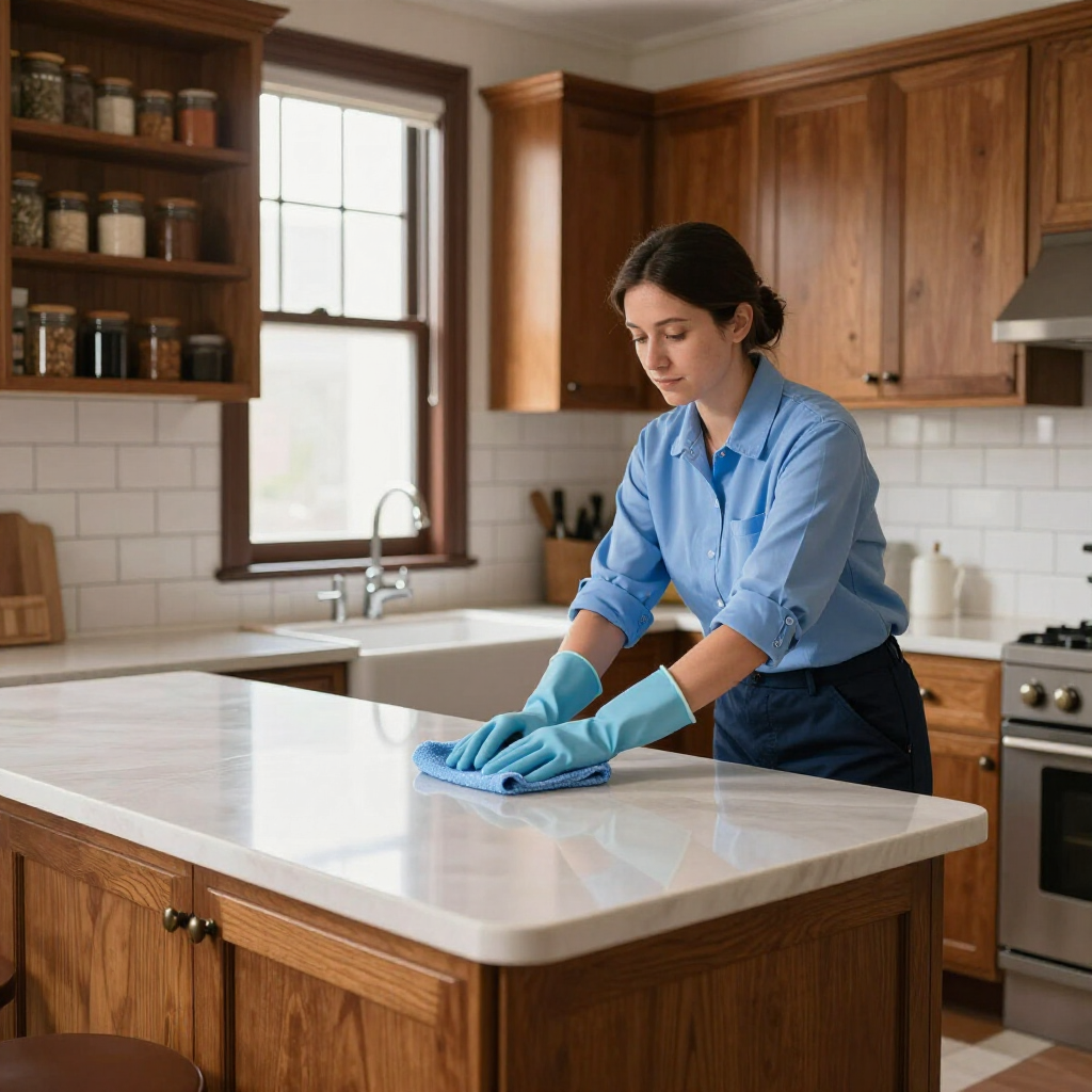 Person in a blue shirt wiping a kitchen island with a cloth and gloves