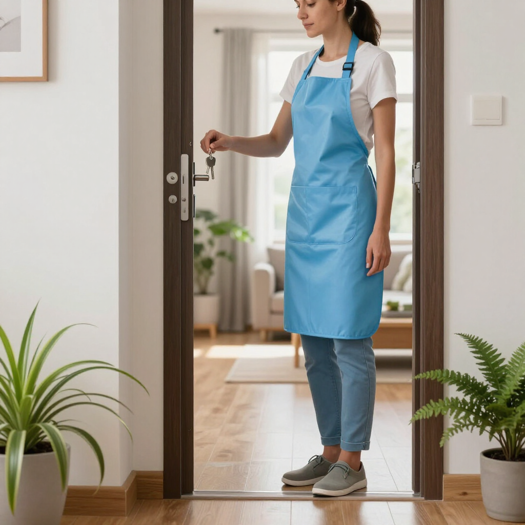 Person in a blue apron opening a doorway in a bright home, with potted plants and wood flooring.