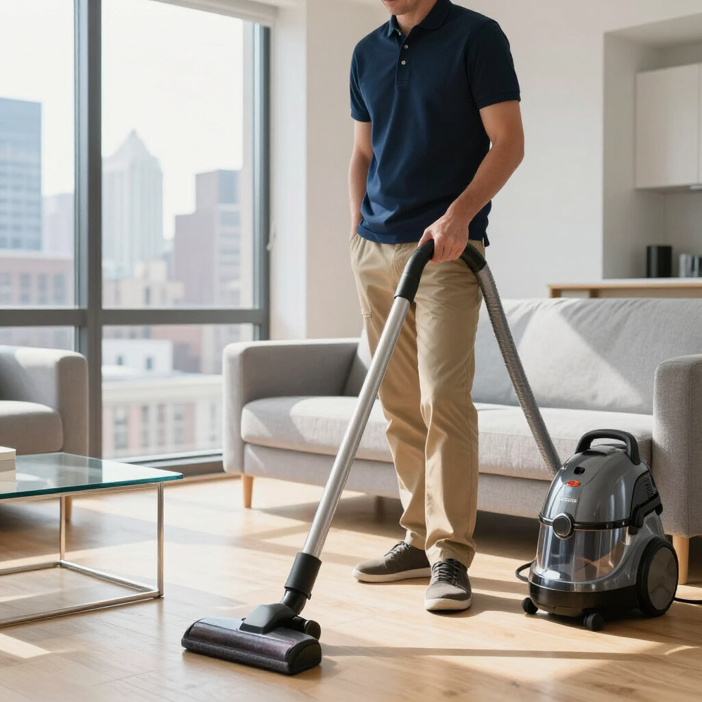 Person vacuuming a bright living room beside a gray sofa and city-view windows