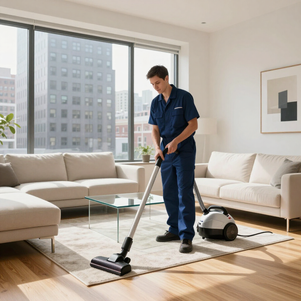 Cleaner vacuuming a bright living room with large windows and beige sofas
