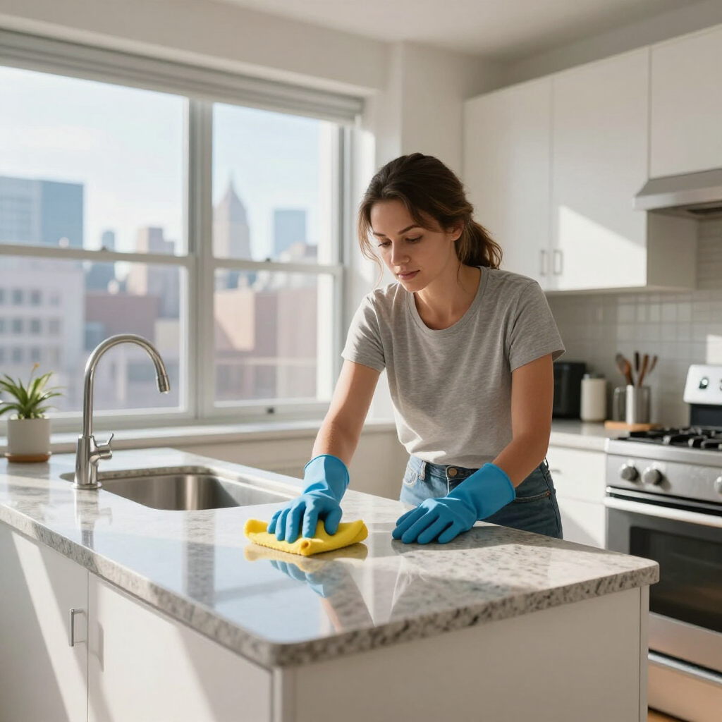 Person in blue gloves wiping a kitchen island with a yellow cloth in a bright modern kitchen.